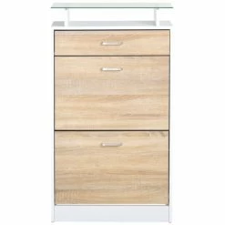 Homcom Meubles D'entrée Et à Chaussures Armoire à Chaussures 2 Portes Tiroir étagère Verre Chêne Blanc -Meubles d'appoint Soldes armoire a chaussures 2 portes tiroir etagere verre chene blanc 3