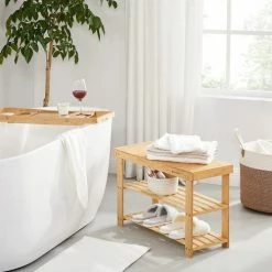 Calicosy Meubles D'entrée Et à Chaussures Banc à Chaussures 3 Niveaux En Bambou Naturel - L70 Cm - Marron -Meubles d'appoint Soldes banc a chaussures 3 niveaux en bambou naturel l70 cm marron 3