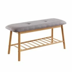 Calicosy Meubles D'entrée Et à Chaussures Banc Avec Assise En Tissu Gris Et Structure En Bambou