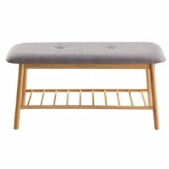 Calicosy Meubles D'entrée Et à Chaussures Banc Avec Assise En Tissu Gris Et Structure En Bambou -Meubles d'appoint Soldes banc avec assise en tissu gris et structure en bambou 3