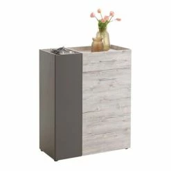 Calicosy Meubles D'entrée Et à Chaussures Commode 2 Portes Et 1 Tiroir H100 Cm - Chêne Et Gris -Meubles d'appoint Soldes commode 2 portes et 1 tiroir h100 cm chene et gris 3