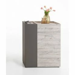 Calicosy Meubles D'entrée Et à Chaussures Commode 2 Portes Et 1 Tiroir H100 Cm - Chêne Et Gris -Meubles d'appoint Soldes commode 2 portes et 1 tiroir h100 cm chene et gris 4