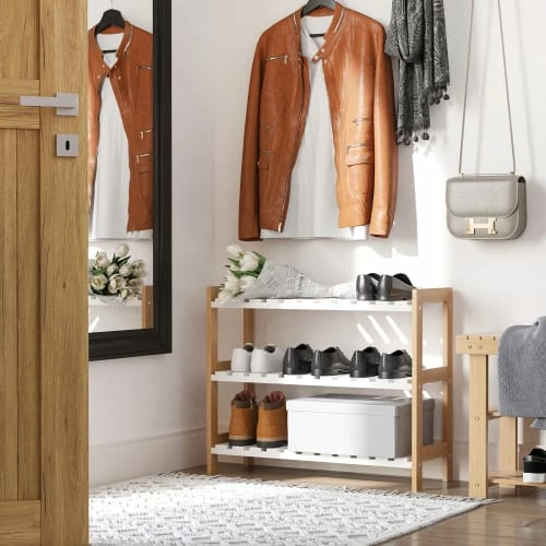 Homcom Meubles D'entrée Et à Chaussures Etagère à Chaussures 3 Niveaux Bambou MDF Blanc 4 Homcom Meubles D'entrée Et à Chaussures Etagère à Chaussures 3 Niveaux Bambou MDF Blanc – Image 2