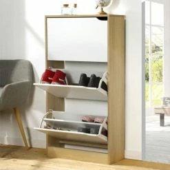 Casâme Meubles D'entrée Et à Chaussures Meuble à Chaussures 3 Tiroirs - Décor Chêne Et Blanc - 12 Paires -Meubles d'appoint Soldes meuble a chaussures 3 tiroirs decor chene et blanc 12 paires 3