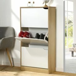 Casâme Meubles D'entrée Et à Chaussures Meuble à Chaussures 3 Tiroirs - Décor Chêne Et Blanc - 12 Paires -Meubles d'appoint Soldes meuble a chaussures 3 tiroirs decor chene et blanc 12 paires 5