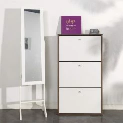 Urban Meuble Meubles D'entrée Et à Chaussures Meuble à Chaussures 3 Tiroirs Style Scandinave Noyer/blanc -Meubles d'appoint Soldes meuble a chaussures 3 tiroirs style scandinave noyer blanc 2