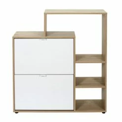 Toilinux Meubles D'entrée Et à Chaussures Meuble à Chaussures Avec 2 Portes Et étagères Blanc Et Bois Marron -Meubles d'appoint Soldes meuble a chaussures avec 2 portes et etageres blanc et bois marron 2