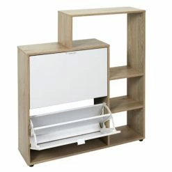 Toilinux Meubles D'entrée Et à Chaussures Meuble à Chaussures Avec 2 Portes Et étagères Blanc Et Bois Marron -Meubles d'appoint Soldes meuble a chaussures avec 2 portes et etageres blanc et bois marron 4