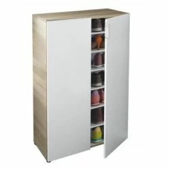 Usinestreet Meubles D'entrée Et à Chaussures Meuble à Chaussures Blanc/bois 2 Portes (28 Paires) L72 X H103cm -Meubles d'appoint Soldes meuble a chaussures blanc bois 2 portes 28 paires l72 x h103cm 3