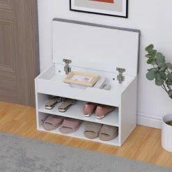 Happy Garden Meubles D'entrée Et à Chaussures Meuble à Chaussures Deux Casiers Avec Coffre Blanc -Meubles d'appoint Soldes meuble a chaussures deux casiers avec coffre blanc 5