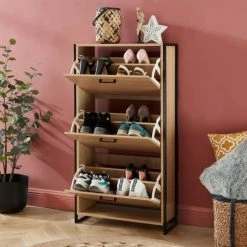 Baita Meubles D'entrée Et à Chaussures Meuble à Chaussures Effet Bois Et Métal Noir 3 Portes - L63cm -Meubles d'appoint Soldes meuble a chaussures effet bois et metal noir 3 portes l63cm 3