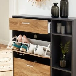 Baita Meubles D'entrée Et à Chaussures Meuble à Chaussures Gris Et Effet Bois 3 Portes 90cm -Meubles d'appoint Soldes meuble a chaussures gris et effet bois 3 portes 90cm 5