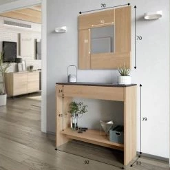 HOMN Meubles D'entrée Et à Chaussures Meuble D'entrée 1 Tiroir Et Miroir, Chêne Et Rouille, 92 Cm Largeur -Meubles d'appoint Soldes meuble d entree 1 tiroir et miroir chene et rouille 92 cm largeur 4