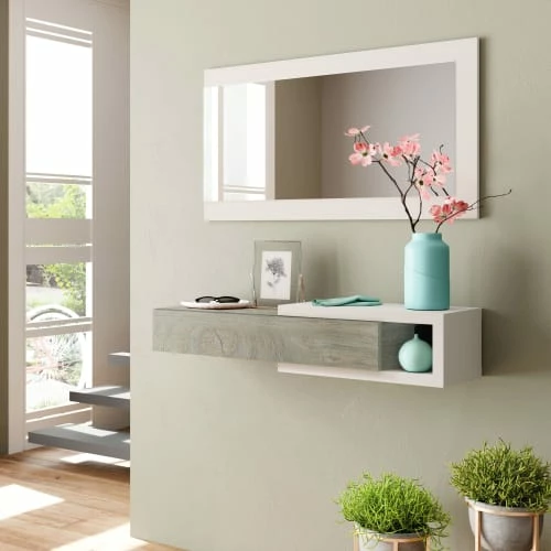 HOMN Meubles D'entrée Et à Chaussures Meuble D'entrée Avec 1 Tiroir Et Miroir, Chêne/blanc, 95 Cm Longueur 4 HOMN Meubles D'entrée Et à Chaussures Meuble D'entrée Avec 1 Tiroir Et Miroir, Chêne/blanc, 95 Cm Longueur – Image 2