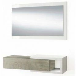 HOMN Meubles D'entrée Et à Chaussures Meuble D'entrée Avec 1 Tiroir Et Miroir, Chêne/blanc, 95 Cm Longueur