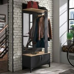 Diagone Meubles D'entrée Et à Chaussures Meuble Entrée 2 Portes 1 Miroir Effet Chêne Noir -Meubles d'appoint Soldes meuble entree 2 portes 1 miroir effet chene noir 1