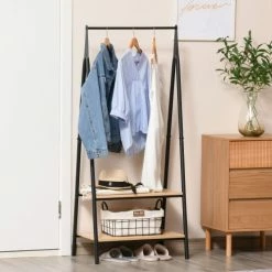 Homcom Valets De Nuits Et Portants Portant à Vêtements 2 étagères Bois Clair Acier Noir -Meubles d'appoint Soldes portant a vetements 2 etageres bois clair acier noir 3