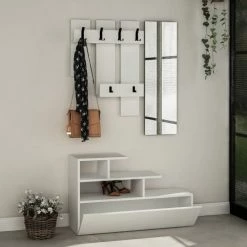 Toilinux Portemanteaux Et Patères Porte Manteau Avec Banc Design Blanc -Meubles d'appoint Soldes porte manteau avec banc design blanc 2